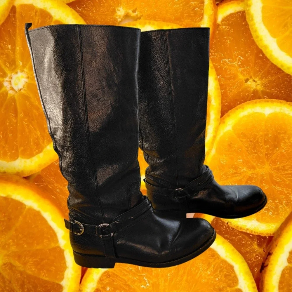 Coach Black Pebbled Leather‎ Tall Riding Harness Boots Silver Buckle Women Mens